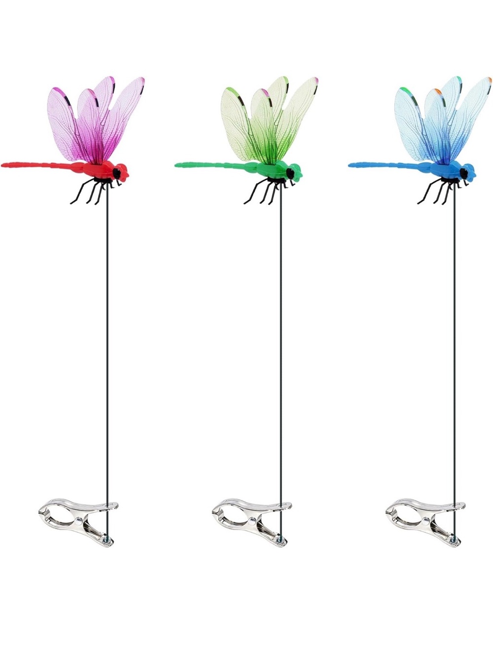 Decorative Dragonfly Clip-On Stakes - Set of 3 (Red, Green, Blue)